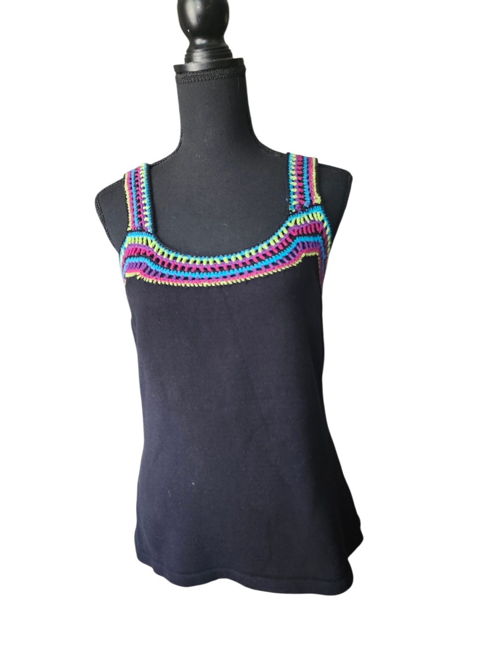 Black Tank with Multicolor Crochet Neckline